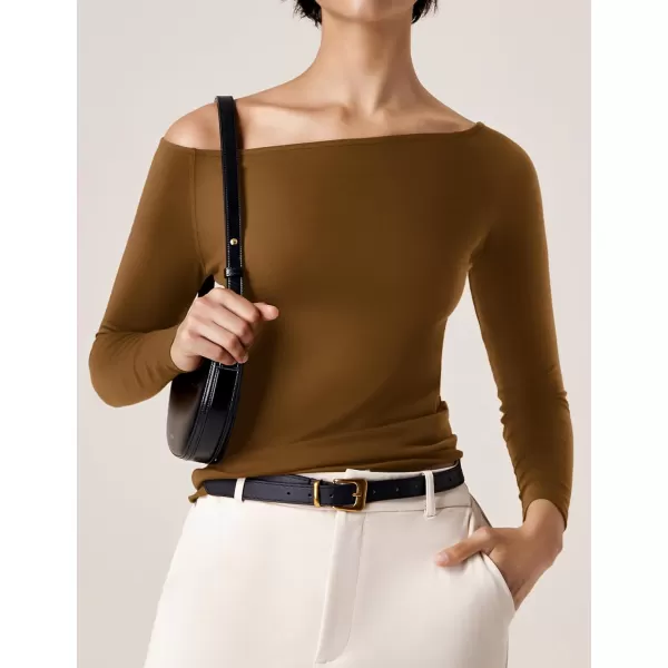 imageAmoretu Womens Long Sleeve Slim Fit T Shirts Sexy Off Shoulder Boat Neck Tops Basic TeesBrown