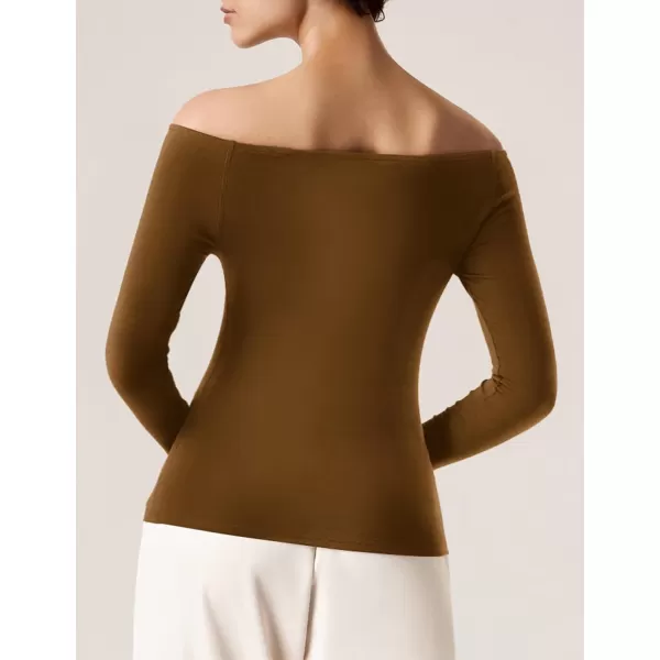 imageAmoretu Womens Long Sleeve Slim Fit T Shirts Sexy Off Shoulder Boat Neck Tops Basic TeesBrown