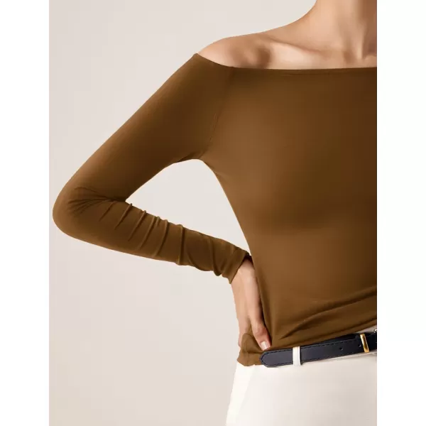imageAmoretu Womens Long Sleeve Slim Fit T Shirts Sexy Off Shoulder Boat Neck Tops Basic TeesBrown