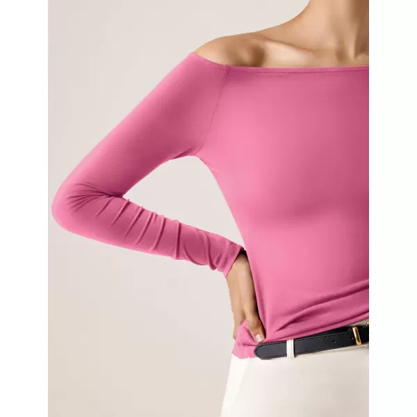 imageAmoretu Womens Long Sleeve Slim Fit T Shirts Sexy Off Shoulder Boat Neck Tops Basic TeesRose Red