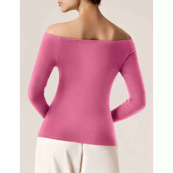 imageAmoretu Womens Long Sleeve Slim Fit T Shirts Sexy Off Shoulder Boat Neck Tops Basic TeesRose Red
