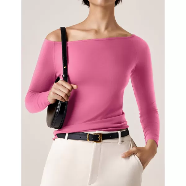 imageAmoretu Womens Long Sleeve Slim Fit T Shirts Sexy Off Shoulder Boat Neck Tops Basic TeesRose Red