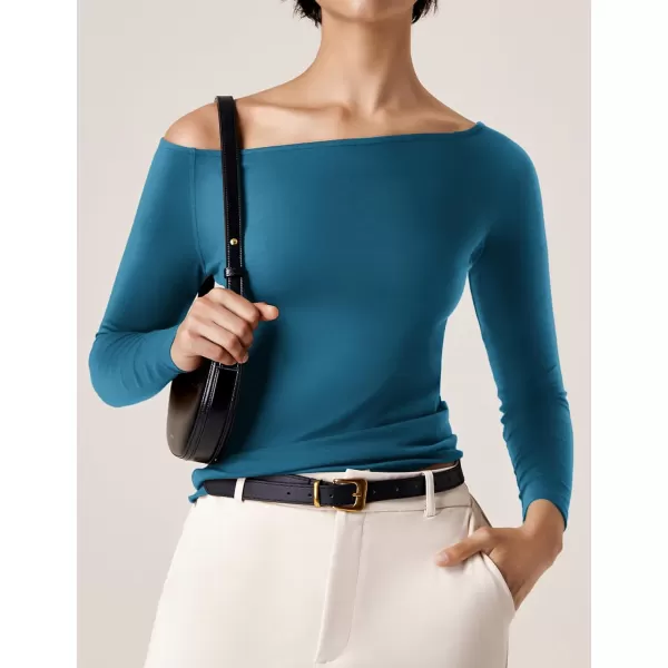 imageAmoretu Womens Long Sleeve Slim Fit T Shirts Sexy Off Shoulder Boat Neck Tops Basic TeesTurquoise