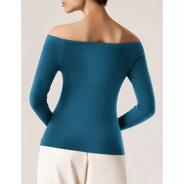 imageAmoretu Womens Long Sleeve Slim Fit T Shirts Sexy Off Shoulder Boat Neck Tops Basic TeesTurquoise