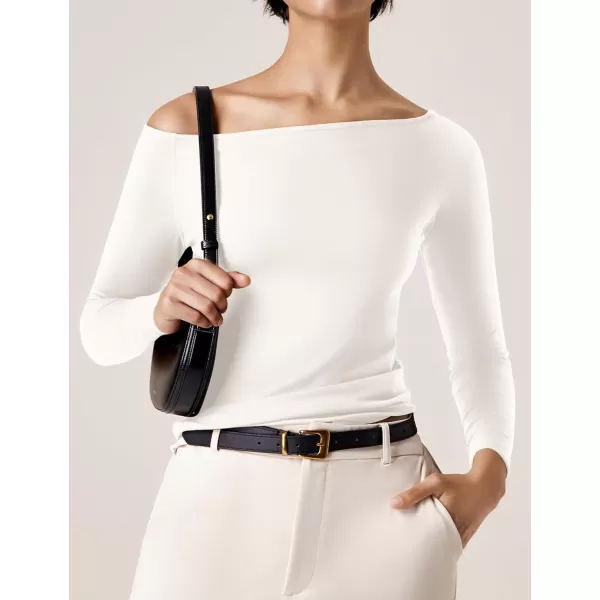 imageAmoretu Womens Long Sleeve Slim Fit T Shirts Sexy Off Shoulder Boat Neck Tops Basic TeesWhite