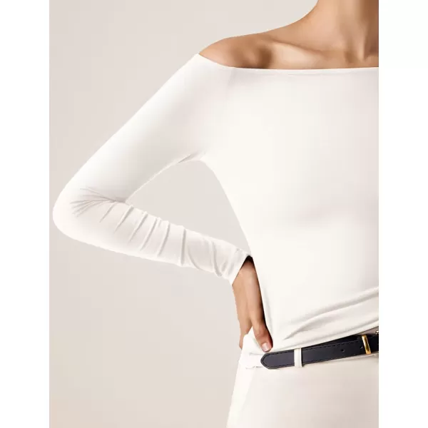 imageAmoretu Womens Long Sleeve Slim Fit T Shirts Sexy Off Shoulder Boat Neck Tops Basic TeesWhite