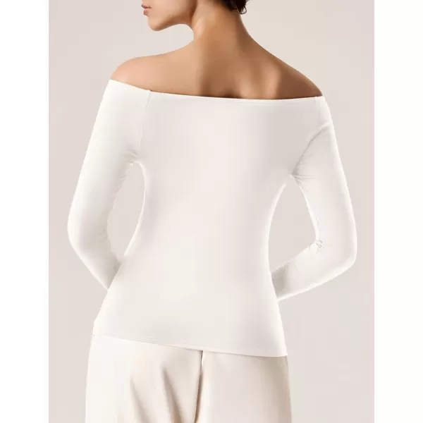 imageAmoretu Womens Long Sleeve Slim Fit T Shirts Sexy Off Shoulder Boat Neck Tops Basic TeesWhite