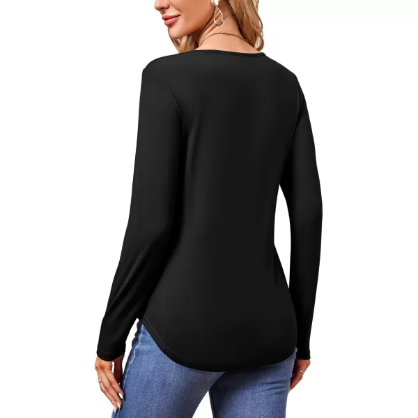 imageAmoretu Womens Long Sleeve TShirt V Neck Shirts Curved Hem Tops Loose Fit Basic TeesBlack