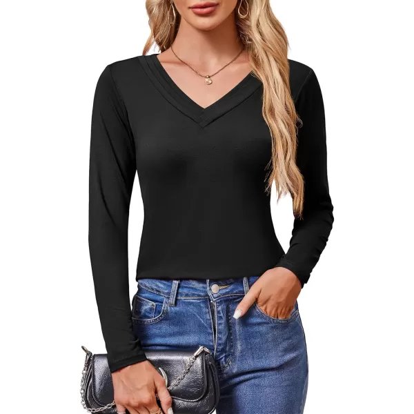 imageAmoretu Womens Long Sleeve TShirt V Neck Shirts Curved Hem Tops Loose Fit Basic TeesBlack