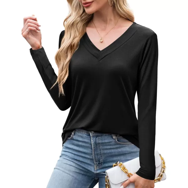 imageAmoretu Womens Long Sleeve TShirt V Neck Shirts Curved Hem Tops Loose Fit Basic TeesBlack
