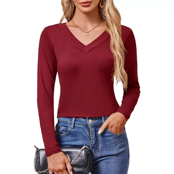 imageAmoretu Womens Long Sleeve TShirt V Neck Shirts Curved Hem Tops Loose Fit Basic TeesBurgundy