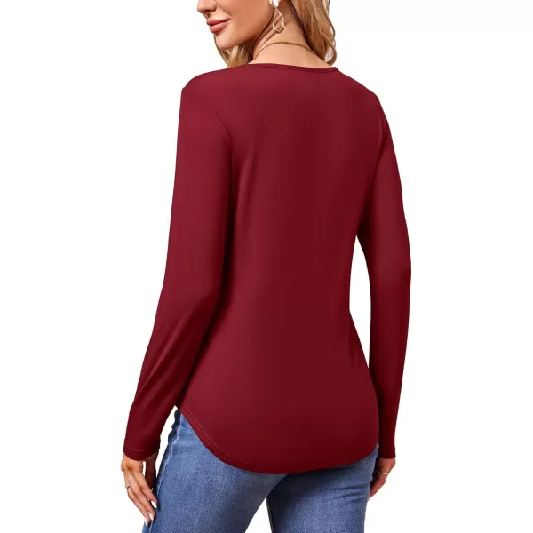 imageAmoretu Womens Long Sleeve TShirt V Neck Shirts Curved Hem Tops Loose Fit Basic TeesBurgundy