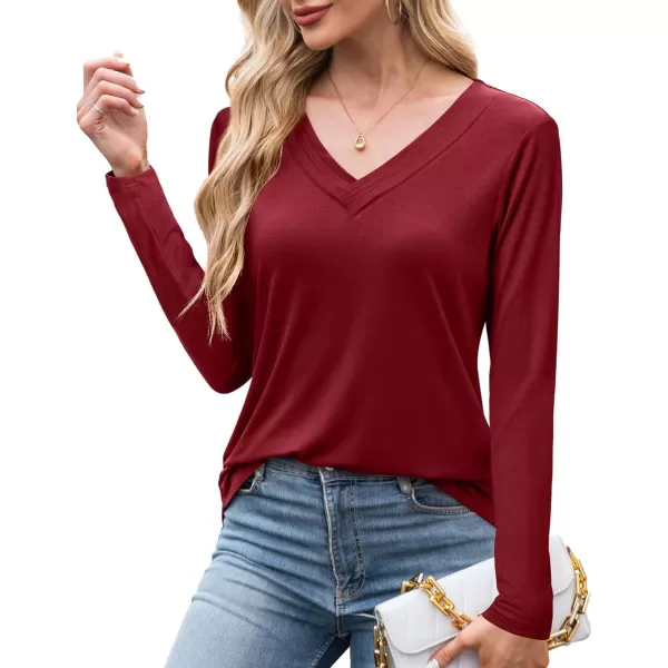 imageAmoretu Womens Long Sleeve TShirt V Neck Shirts Curved Hem Tops Loose Fit Basic TeesBurgundy