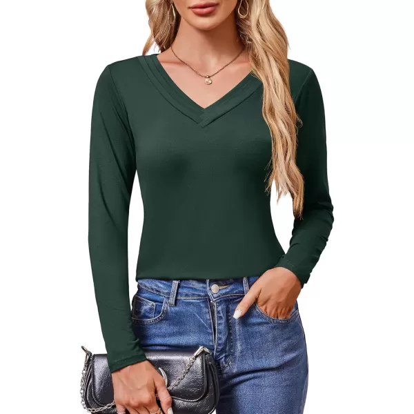 imageAmoretu Womens Long Sleeve TShirt V Neck Shirts Curved Hem Tops Loose Fit Basic TeesDark Green