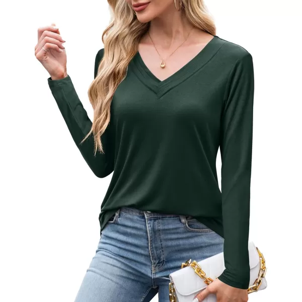 imageAmoretu Womens Long Sleeve TShirt V Neck Shirts Curved Hem Tops Loose Fit Basic TeesDark Green