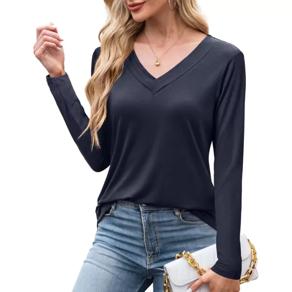 imageAmoretu Womens Long Sleeve TShirt V Neck Shirts Curved Hem Tops Loose Fit Basic TeesNavy Blue