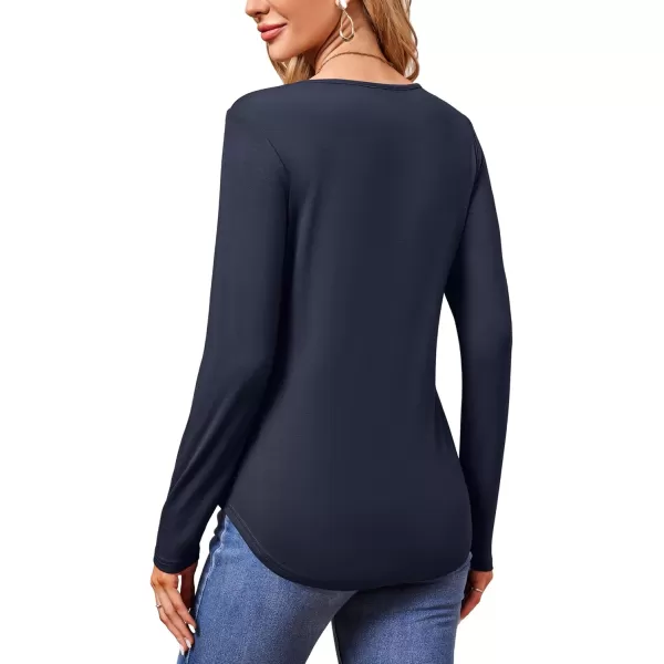 imageAmoretu Womens Long Sleeve TShirt V Neck Shirts Curved Hem Tops Loose Fit Basic TeesNavy Blue