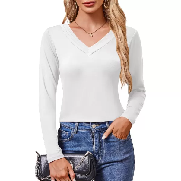 imageAmoretu Womens Long Sleeve TShirt V Neck Shirts Curved Hem Tops Loose Fit Basic TeesWhite