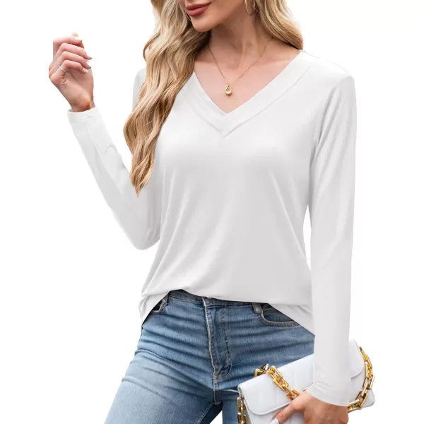 imageAmoretu Womens Long Sleeve TShirt V Neck Shirts Curved Hem Tops Loose Fit Basic TeesWhite
