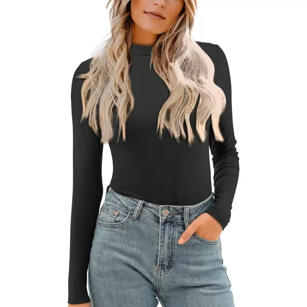 imageAmoretu Womens Mock Turtleneck Tops Long Sleeve Fitted Shirt Business Casual Work BlousesBlack