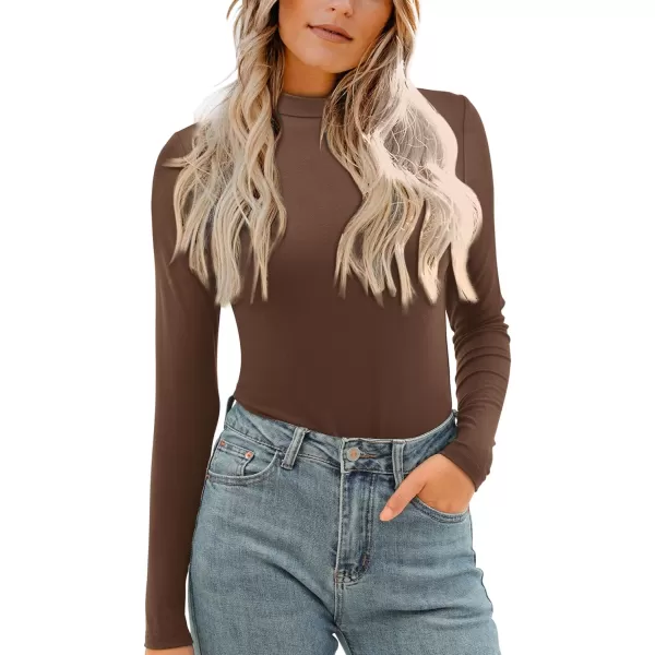 imageAmoretu Womens Mock Turtleneck Tops Long Sleeve Fitted Shirt Business Casual Work BlousesBrown