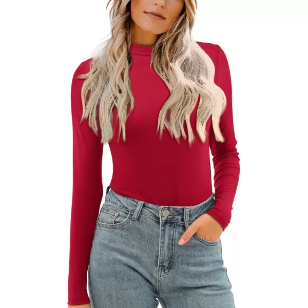 imageAmoretu Womens Mock Turtleneck Tops Long Sleeve Fitted Shirt Business Casual Work BlousesBurgundy