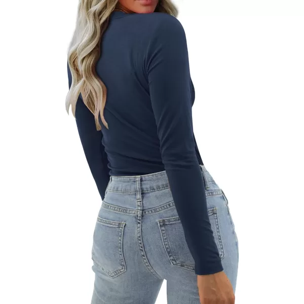 imageAmoretu Womens Mock Turtleneck Tops Long Sleeve Fitted Shirt Business Casual Work BlousesNavy Blue