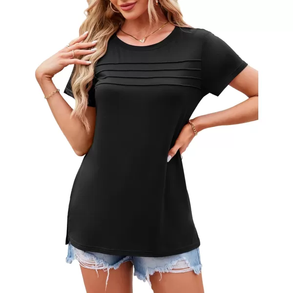 imageAmoretu Womens Summer Tops Crew Neck T Shirts Pleated Casual Short Sleeve Basic Tee ShirtBlack