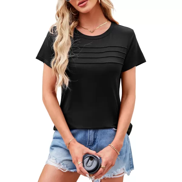 imageAmoretu Womens Summer Tops Crew Neck T Shirts Pleated Casual Short Sleeve Basic Tee ShirtBlack