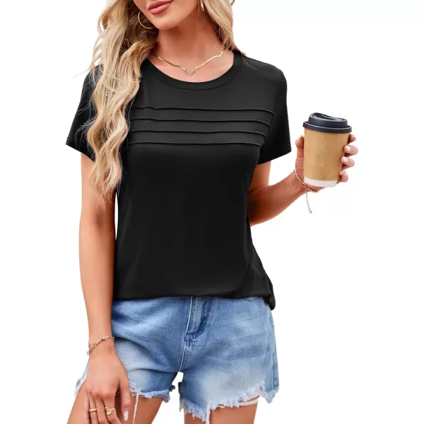 imageAmoretu Womens Summer Tops Crew Neck T Shirts Pleated Casual Short Sleeve Basic Tee ShirtBlack
