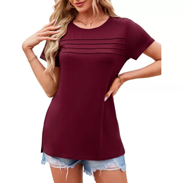 imageAmoretu Womens Summer Tops Crew Neck T Shirts Pleated Casual Short Sleeve Basic Tee ShirtBurgundy