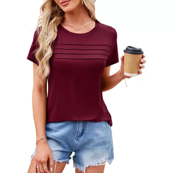 imageAmoretu Womens Summer Tops Crew Neck T Shirts Pleated Casual Short Sleeve Basic Tee ShirtBurgundy
