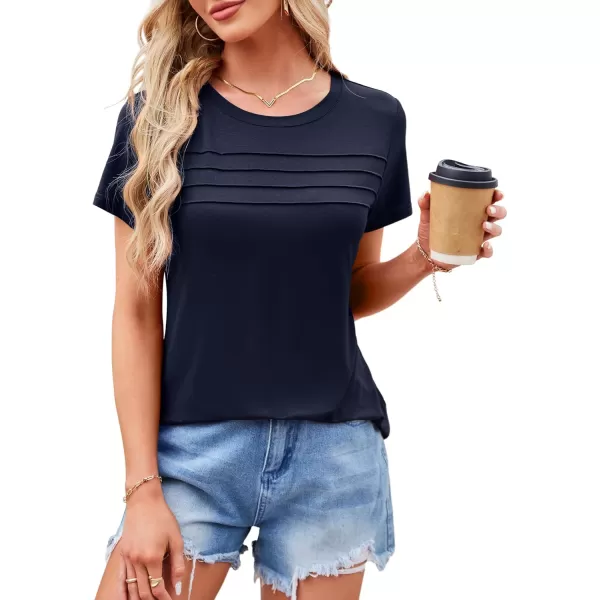 imageAmoretu Womens Summer Tops Crew Neck T Shirts Pleated Casual Short Sleeve Basic Tee ShirtNavy Blue