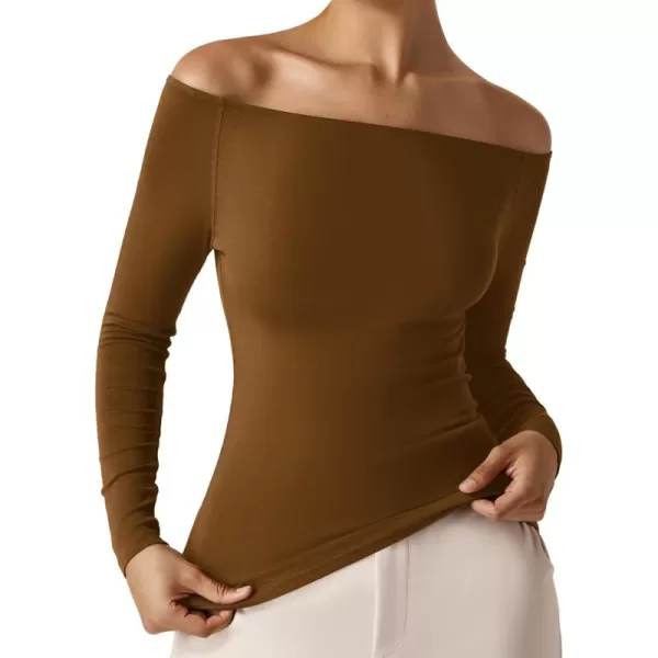 imageAmoretu Womens Long Sleeve Slim Fit T Shirts Sexy Off Shoulder Boat Neck Tops Basic TeesBrown