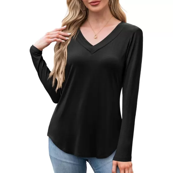 imageAmoretu Womens Long Sleeve TShirt V Neck Shirts Curved Hem Tops Loose Fit Basic TeesBlack