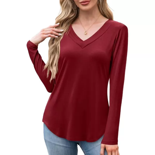 imageAmoretu Womens Long Sleeve TShirt V Neck Shirts Curved Hem Tops Loose Fit Basic TeesBurgundy