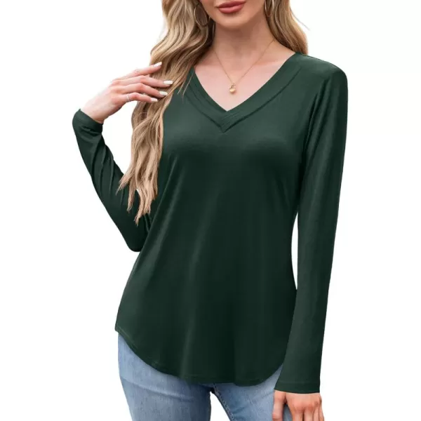 imageAmoretu Womens Long Sleeve TShirt V Neck Shirts Curved Hem Tops Loose Fit Basic TeesDark Green