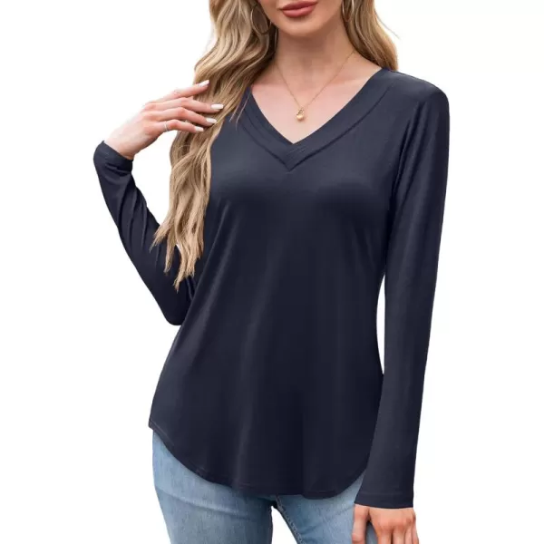 imageAmoretu Womens Long Sleeve TShirt V Neck Shirts Curved Hem Tops Loose Fit Basic TeesNavy Blue