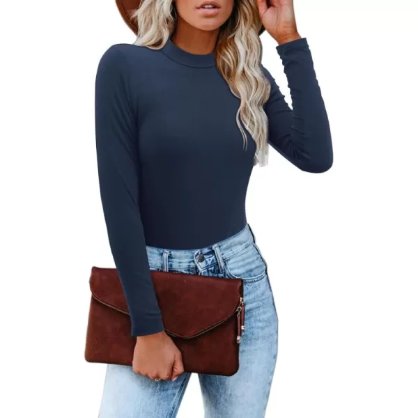 imageAmoretu Womens Mock Turtleneck Tops Long Sleeve Fitted Shirt Business Casual Work BlousesNavy Blue