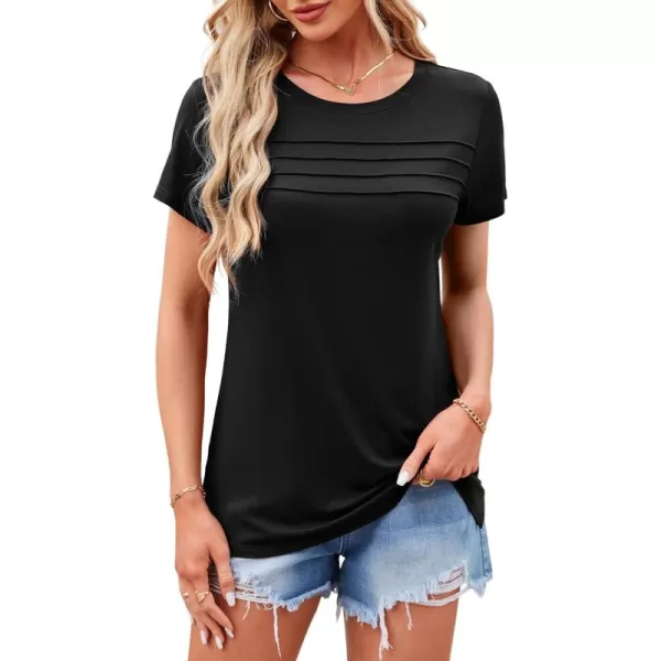 imageAmoretu Womens Summer Tops Crew Neck T Shirts Pleated Casual Short Sleeve Basic Tee ShirtBlack