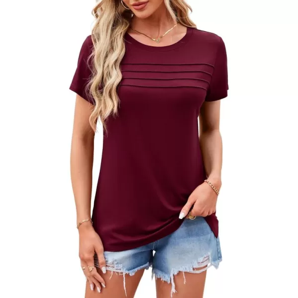 imageAmoretu Womens Summer Tops Crew Neck T Shirts Pleated Casual Short Sleeve Basic Tee ShirtBurgundy