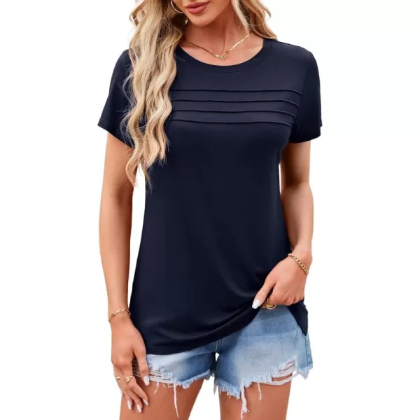 imageAmoretu Womens Summer Tops Crew Neck T Shirts Pleated Casual Short Sleeve Basic Tee ShirtNavy Blue
