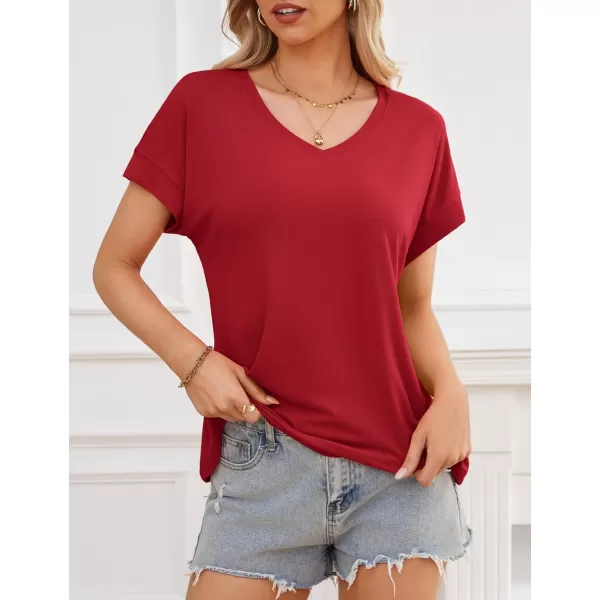 imageAmoretu Women Summer Tops V Neck Short Sleeve T Shirts Casual Loose Basic Tee ShirtRed