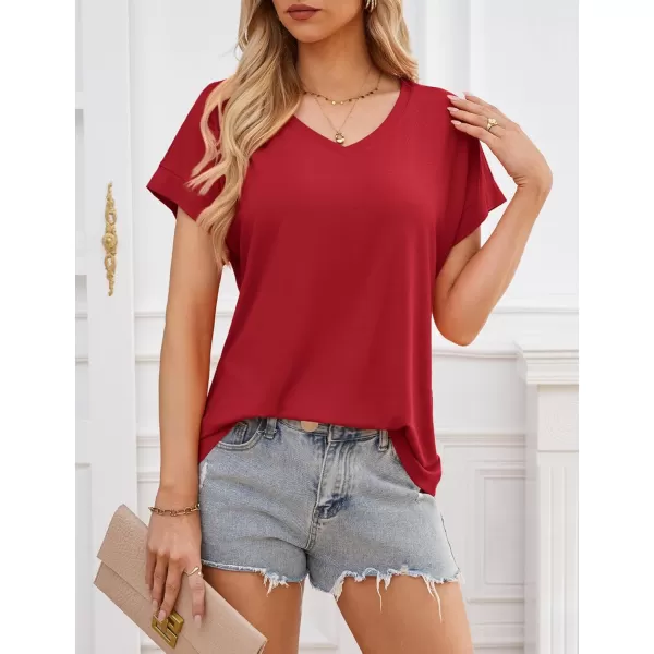 imageAmoretu Women Summer Tops V Neck Short Sleeve T Shirts Casual Loose Basic Tee ShirtRed
