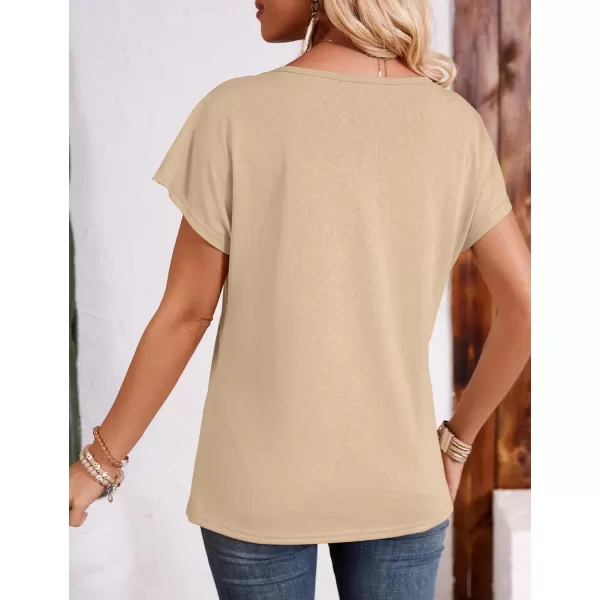 imageAmoretu Womens Summer Tops Boho V Neck Tee Short Sleeve Tshirts casual Loose Fit TeeKhaki