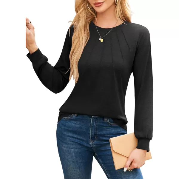 imageAmoretu Womens T Shirts Long Sleeve Tops Dressy Casual Round Neck Shits Loose Fit Fashion Pleated Blouse 2024Black