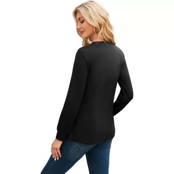 imageAmoretu Womens T Shirts Long Sleeve Tops Dressy Casual Round Neck Shits Loose Fit Fashion Pleated Blouse 2024Black