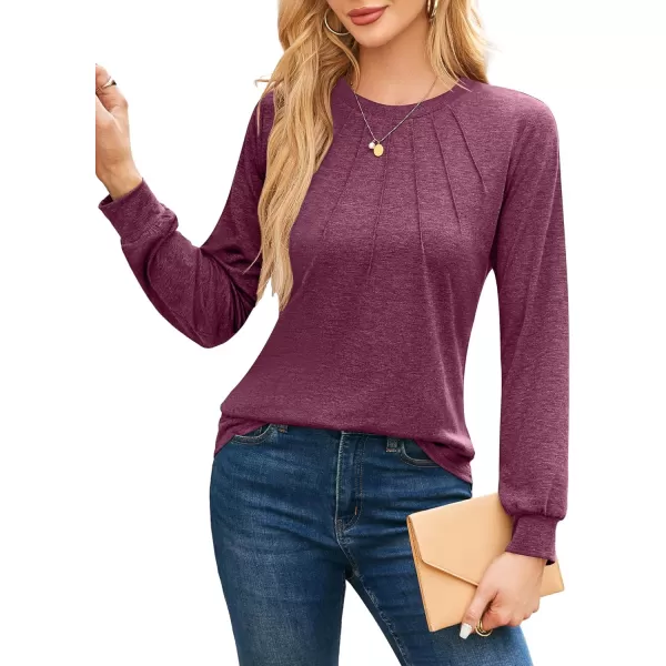 imageAmoretu Womens T Shirts Long Sleeve Tops Dressy Casual Round Neck Shits Loose Fit Fashion Pleated Blouse 2024Burgundy