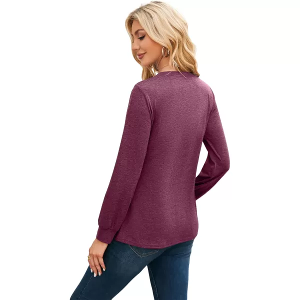 imageAmoretu Womens T Shirts Long Sleeve Tops Dressy Casual Round Neck Shits Loose Fit Fashion Pleated Blouse 2024Burgundy