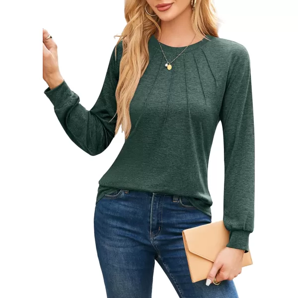 imageAmoretu Womens T Shirts Long Sleeve Tops Dressy Casual Round Neck Shits Loose Fit Fashion Pleated Blouse 2024Deep Green
